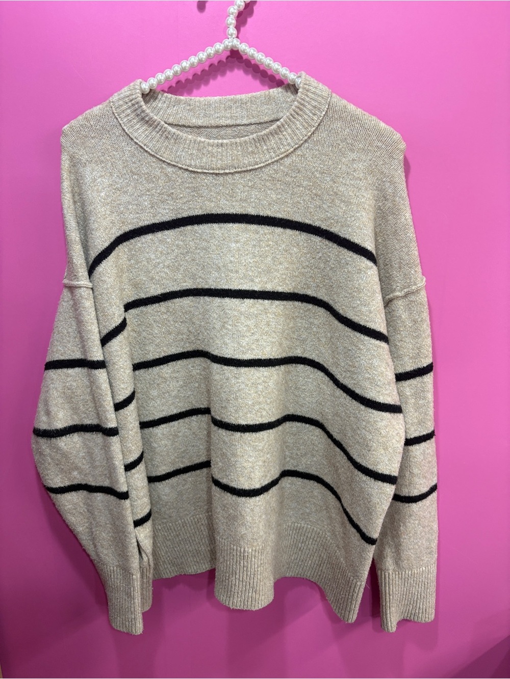 Aerie Oversized Crewneck Sweater Oatmeal Beige Black Stripe - Picture 2 of 4